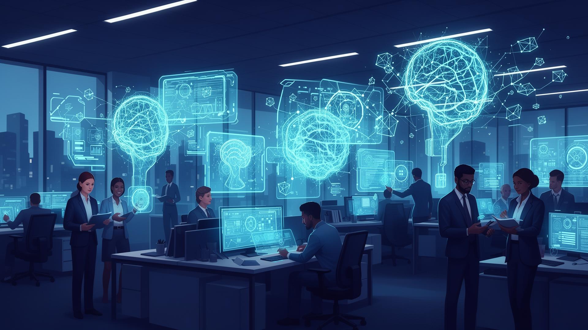 UK professionals collaborating with AI interfaces in a modern workplace